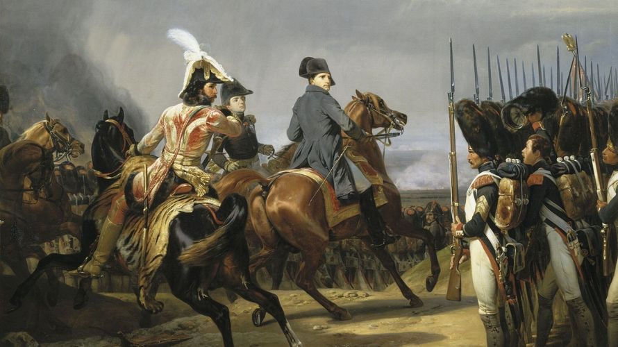 Napoleon beim Abreiten der kaiserlichen Garde. Historiengemälde des französischen Malers Horace Vernet aus dem Jahr 1836.