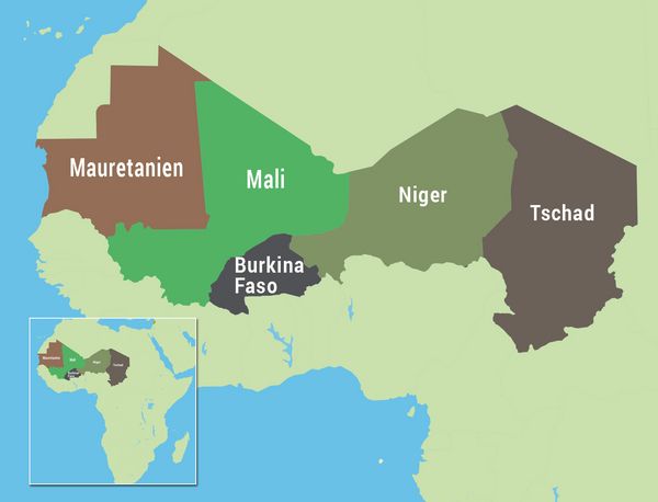 Sahelzone: Mauretanien, Mali, Burkina Faso, Niger und der zentralafrikanische Tschad.