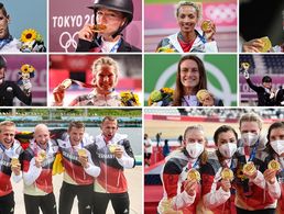 Die deutschen Goldmedaillengewinner bei den olympischen Sommerspielen in Tokio: (oben/v.l.) Florian Wellbrock (Freiwasser, 10 km), Julia Krajewski (Vielseitigkeit), Malaika Mihambo (l/Weitsprung), Alexander Zverev (Tennis); (Mitte/v.l.): Jessica von Bredow-Werndl (Dressur Einzel), Aline Rotter-Focken (Ringen), Ricarda Funk (Kanu/Slalom), Dorothee Schneider (v.l.), Isabell Werth und Jessica von Bredow-Werndl (Dressur Mannschaft); (unten/v.l.) Max Rendschmidt, Ronald Rauhe, Tom Liebscher und Max Lemke (Kajak-Vierer) und Franziska Brauße (v.l.), Lisa Klein, Mieke Kröger und Lisa Brennauer (4000m Mannschaftsverfolgung). Foto: dpa