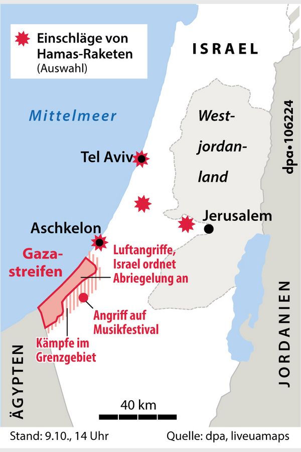 Die Karte zeigt Israel und den Gazastreifen sowie die Einschläge der Hamas-Raketen. Grafik: picture alliance/dpa/dpa Grafik