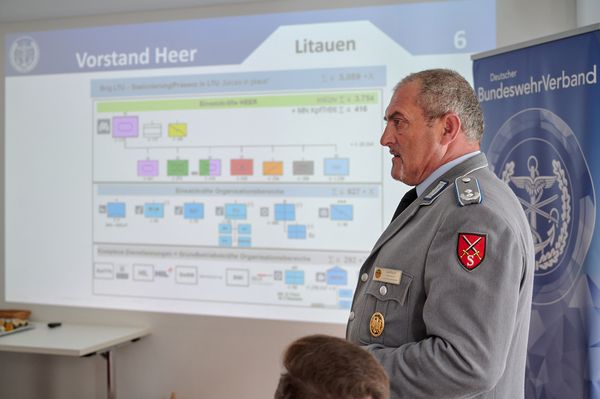 Landesvorsitzender Oberstleutnant a.D. Josef Rauch berichtete von den Herausforderungen der Verbandsarbeit angesichts der Veränderungen in der Bundeswehr. Foto: DBwV/Ingo Kaminsky