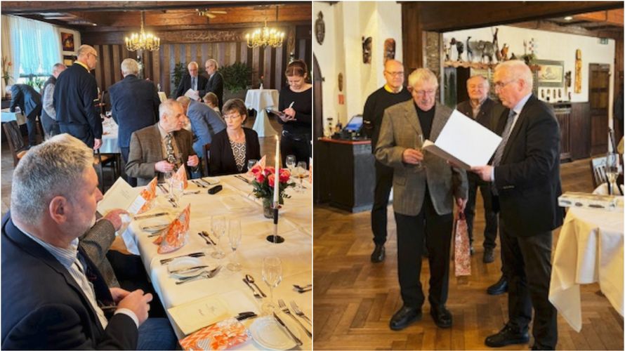 Beim Neujahrsempfang der Kameradschaft ERH Bruchsal zeichnete Vorsitzender Ralph Bender Kassenwart Hauptmann a.D. Alfred Dosch mit der Dankurkunde des Bundesvorsitzenden und einem Buchpreis aus. Foto: Ralph Bender