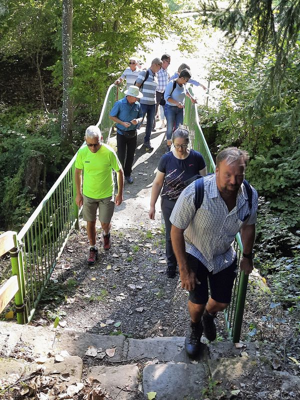 Angeführt von Bezirksvorsitzendem Gerd-Josef Bopp (v.r.) und Vorsitzendem Armin Rother überquert die Wandergruppe den Amorsbach. Foto: Carina Rother