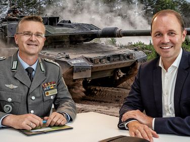 Über die aktuellen Herausforderungen, insbesondere im Bereich Personal, sprach Oberst André Wüstner (l.) mit Verteidigungs-Staatssekretär Nils Hilmer. Fotos: Bundeswehr/Marco Dorow, DBwV/Yann Bombeke. Montage: DBwV/Sascha Eutebach